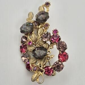 Vintage Rhinestone Aurora Borealis 1950s Brooch Pin Pink Purples Dk Blue Flowers